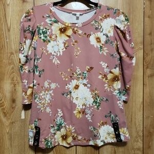 Persaya Knit Floral Blouse Sm Dusty Pink Floral Ribbon Accent Puffed 3/4 Sleeve